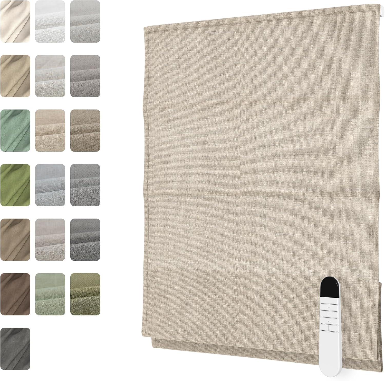 Motorized Roman shades with remote control for accessible window lighting and elderly convenience