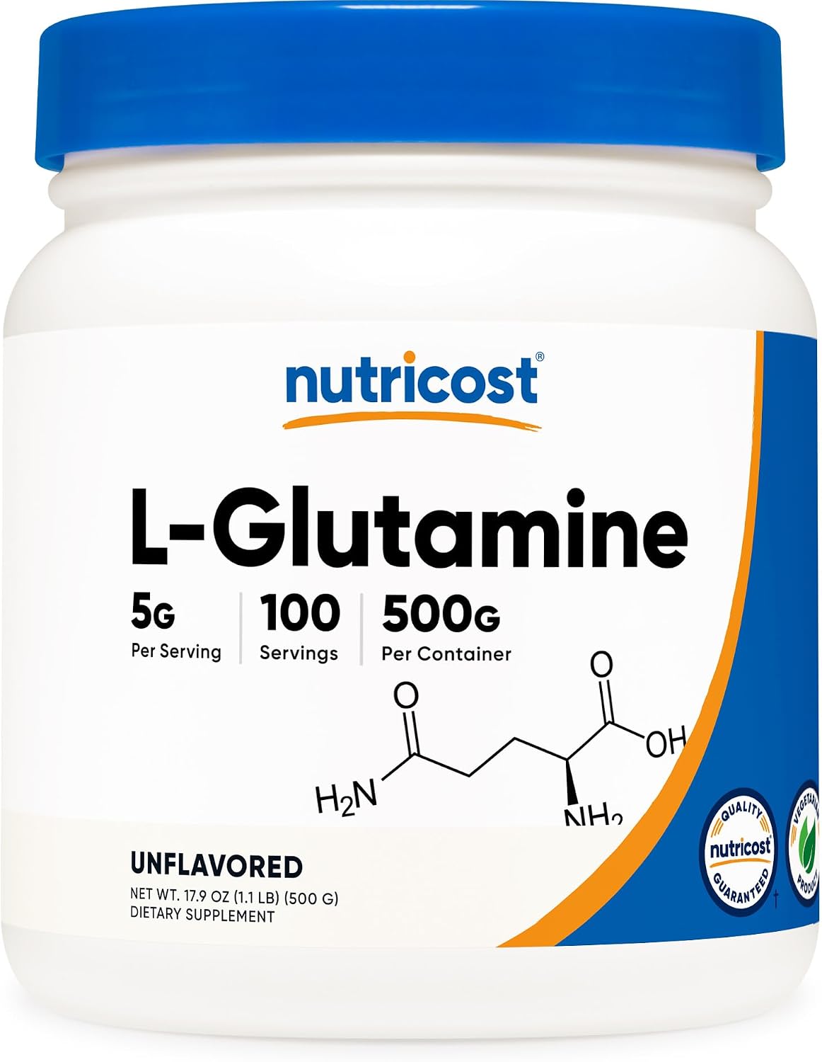 Nutricost L-Glutamine powder 500g unflavored 100 servings for muscle recovery and gut health