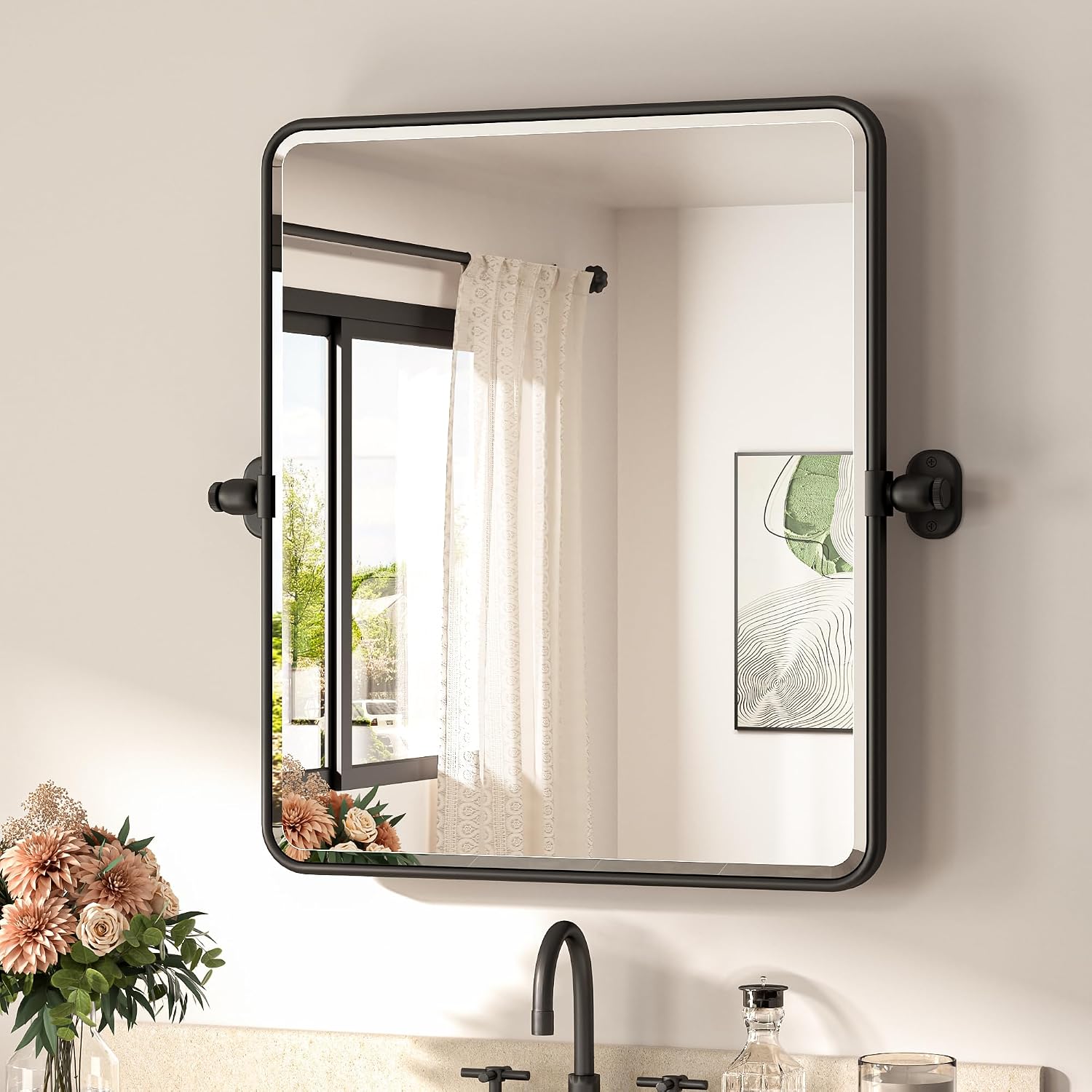 Pivoting tilt bathroom mirror for wheelchair accessible and seated viewing angles