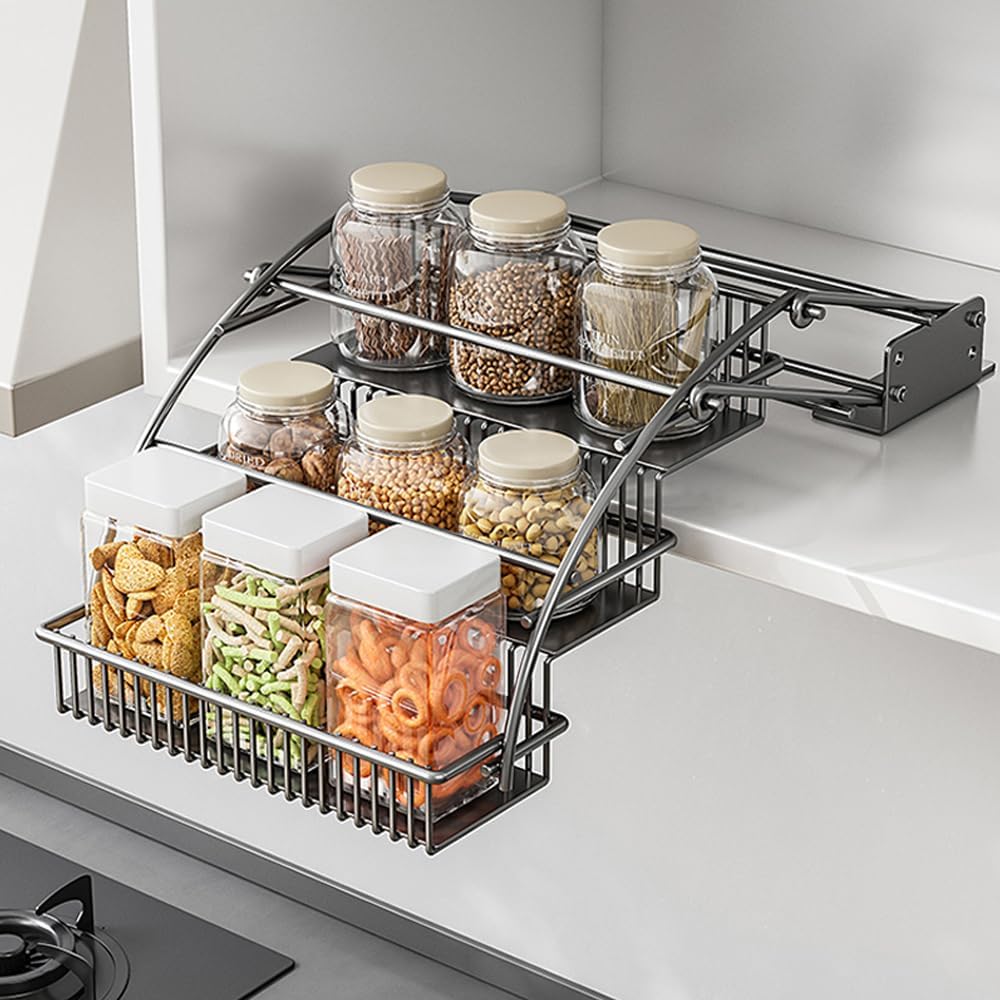 3-tier pull down spice rack organizer for accessible cabinet and pantry storage