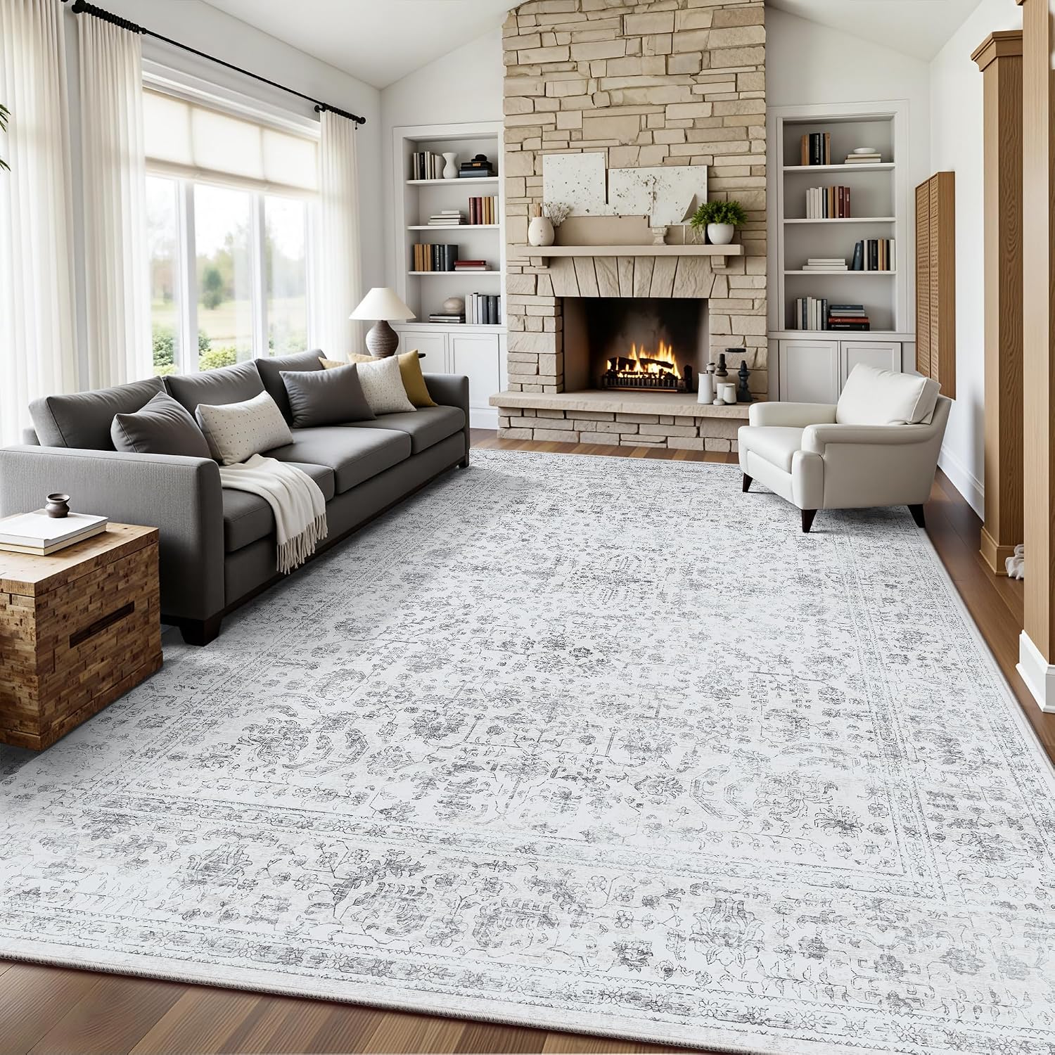 Washable vintage floral area rug 8x10 with non-slip backing for floor safety and comfort