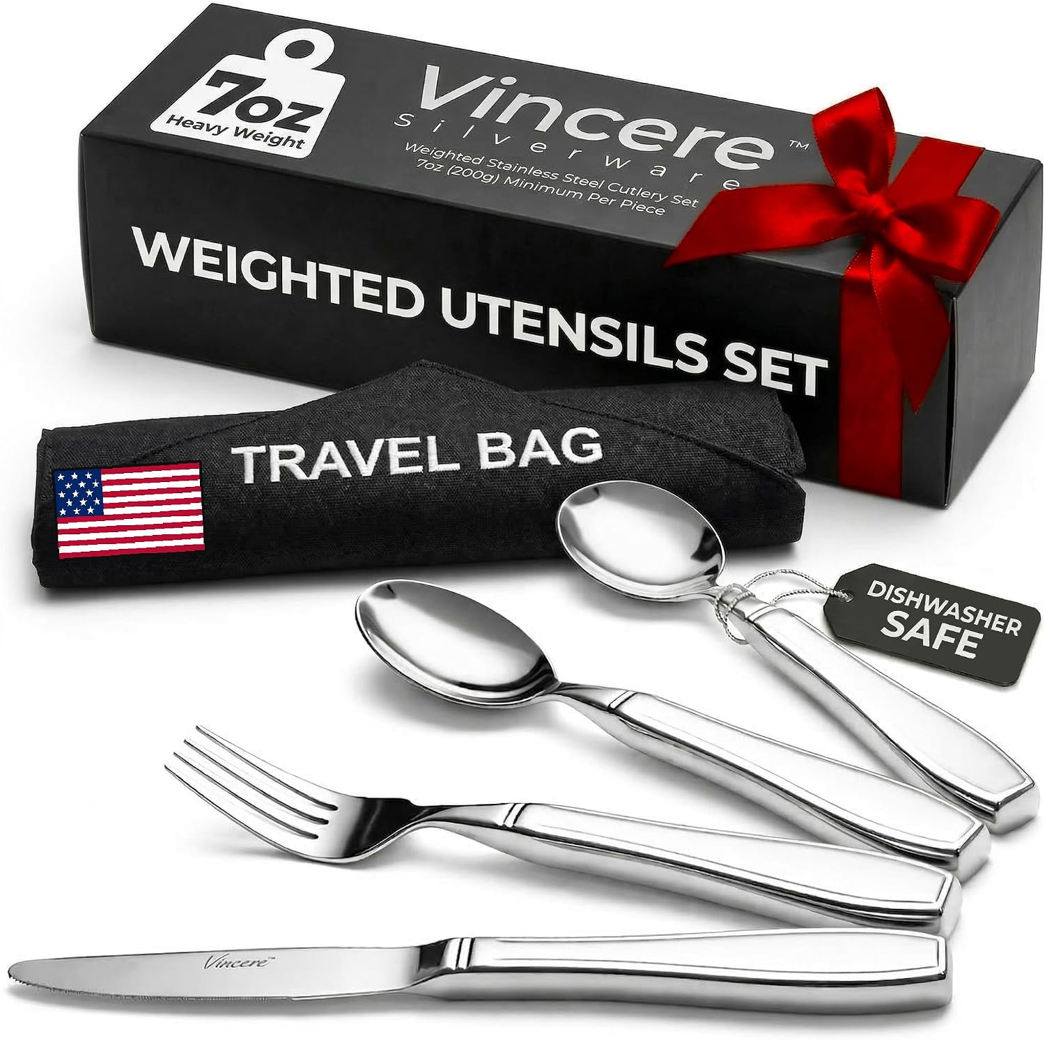 Heavy weight stainless steel utensil set for hand tremors and Parkinsons adaptive dining independence