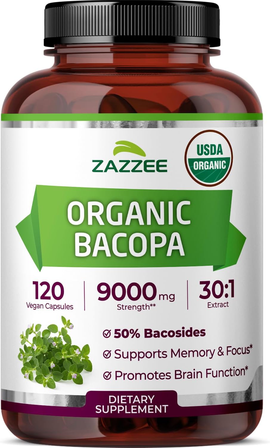 Zazzee organic Bacopa 30:1 extract 50% bacosides 120 vegan capsules for memory